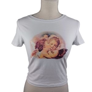 📍2/$20 Forever 21 Angel Crop Top Tee Small White -Graphic Print -Short Sleeve